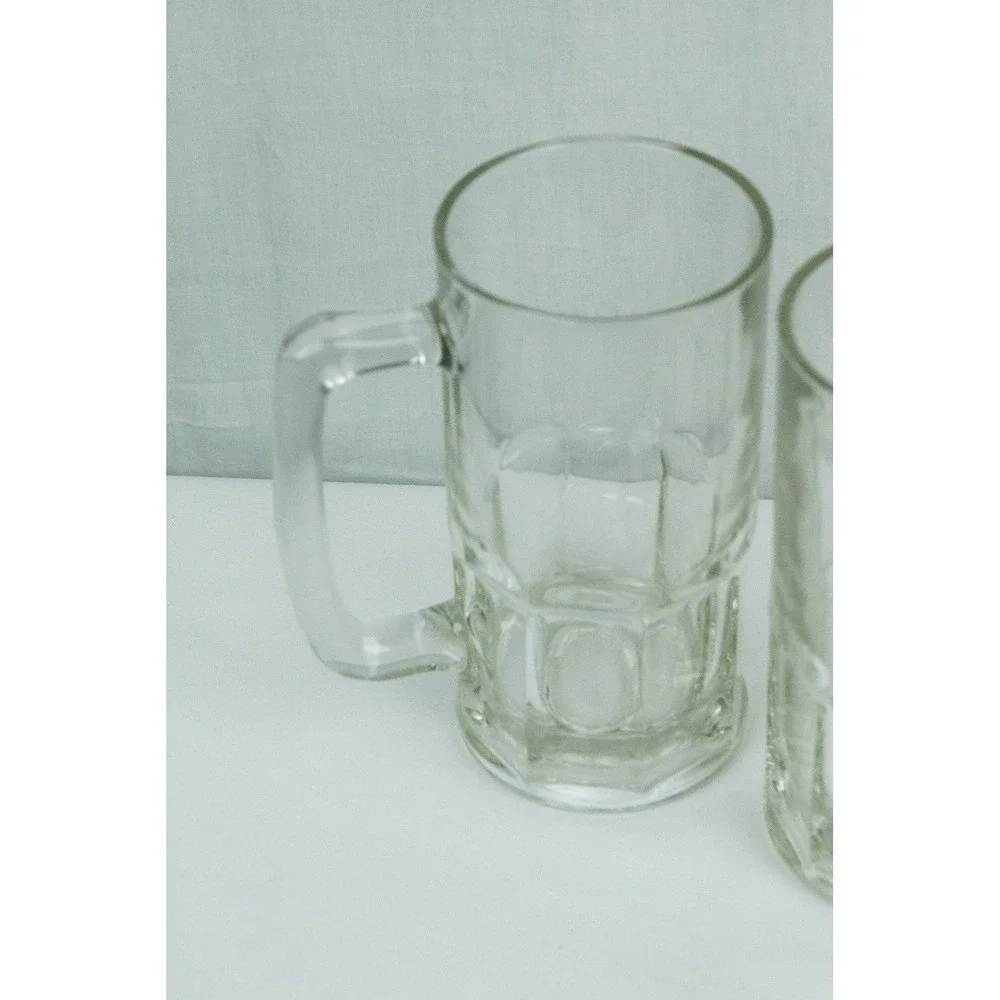 Vintage Heavy Clear Glass Beer Mugs Set of 2 Paneled Base Tankard Stein 12oz